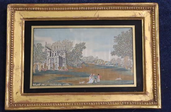 A pair of Regency watercolour and silkwork panels by Atherton of Cambridge depicting Richmond Bridge and Strawberry Hill